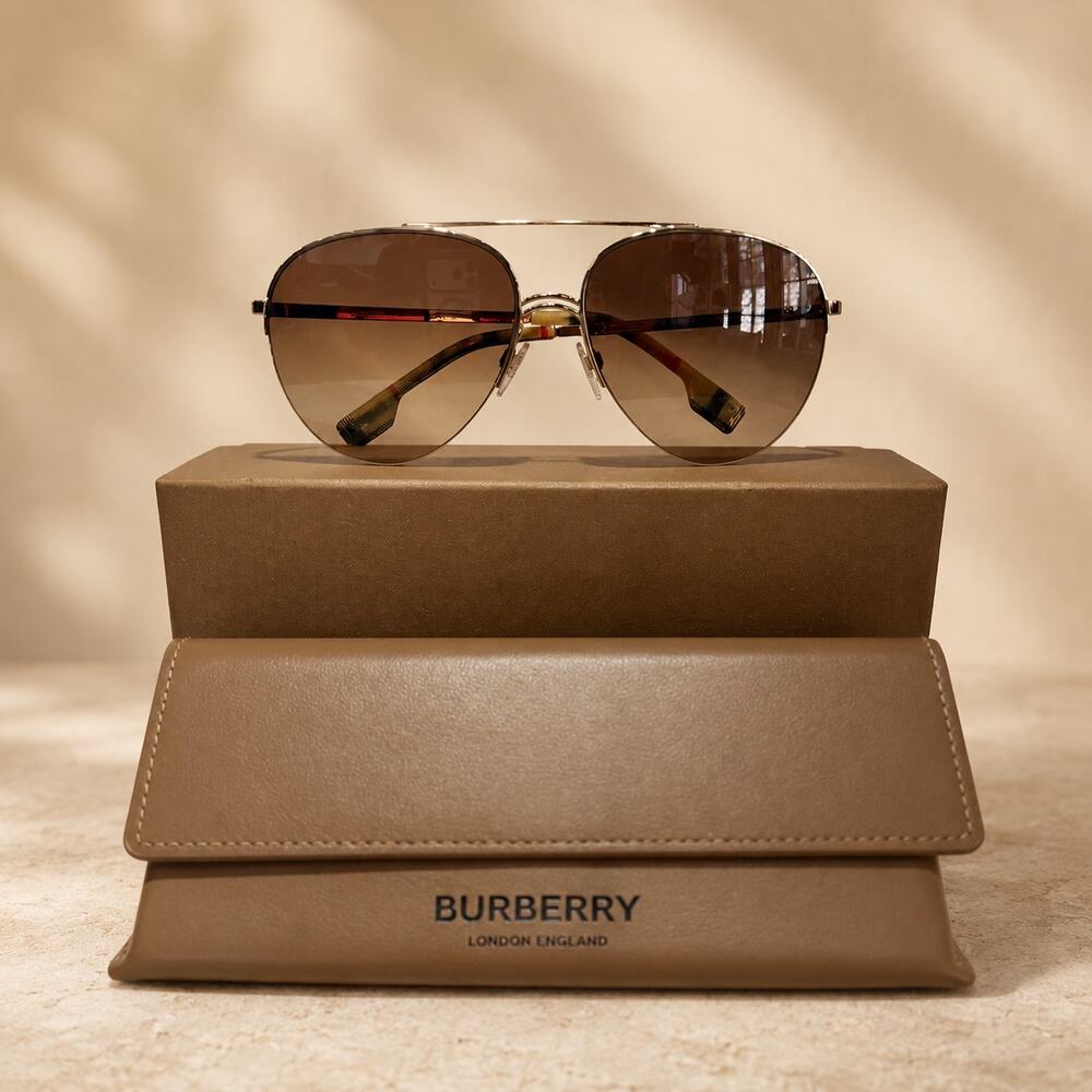 Burberry BE3113 Ferry Gold Aviator Sunglasses Brown Gradient Lenses